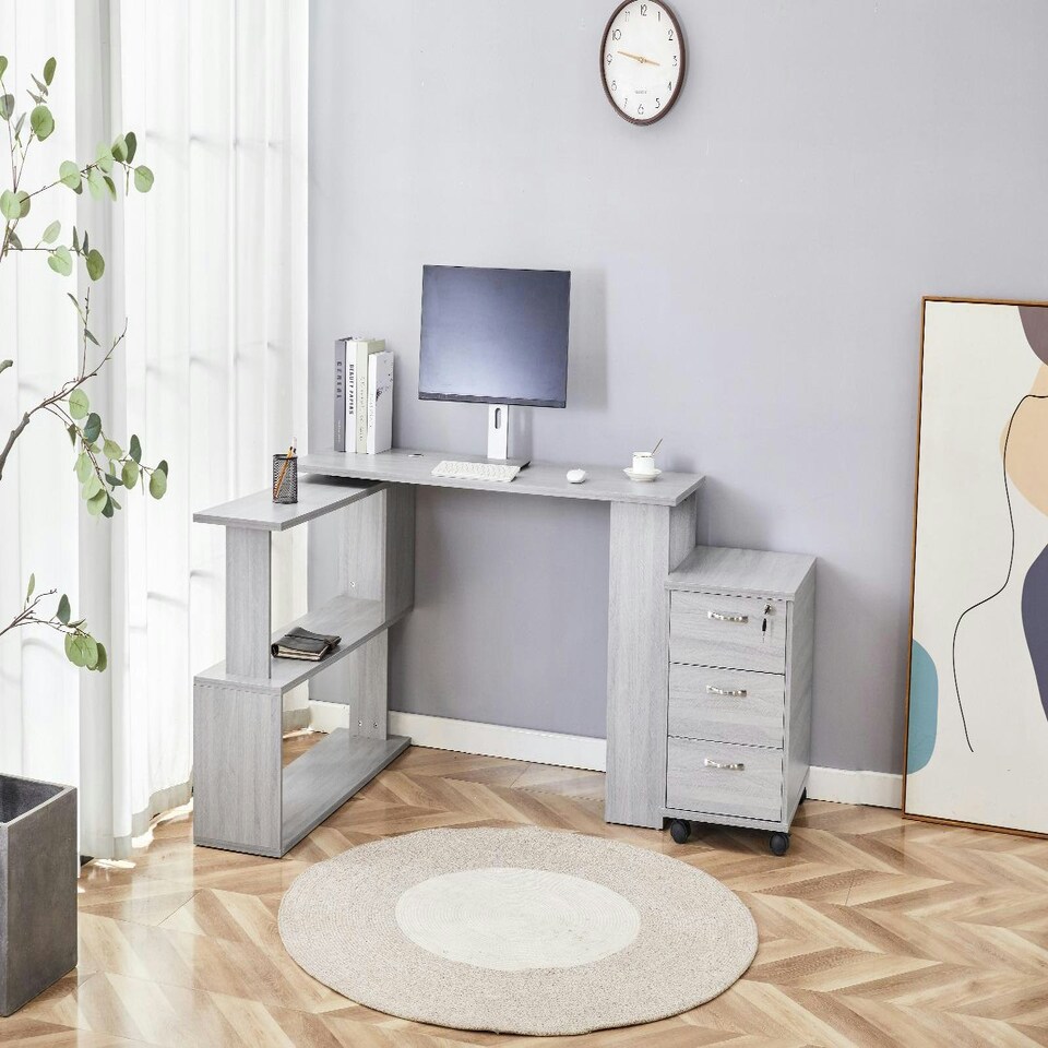 image 1 of Grey Office Desk L-shaped with Mobile Storage Drawer Unit Wooden Room Furniture Grey