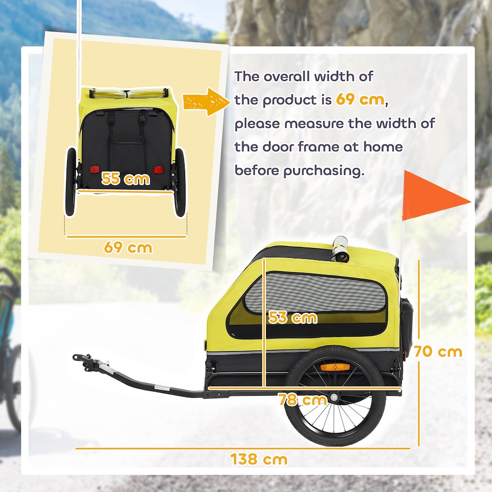 image 1 of PawHut Dog Bike Trailer w/ Flip-Down Ramp Tailgate, Reflectors | Yellow | Yellow, Black | 138L x 69W x 70H cm