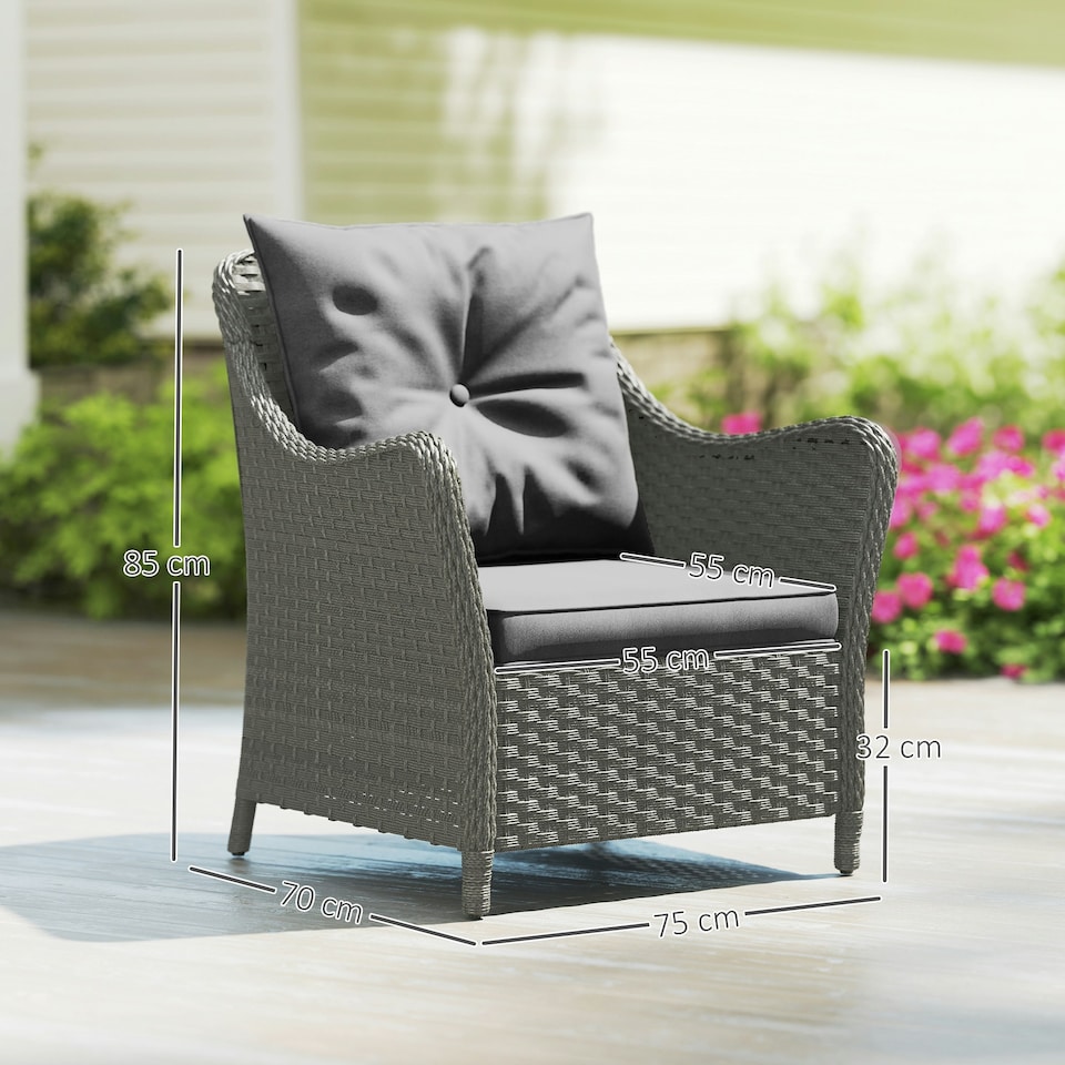 image 1 of Outsunny 2 Pieces Rattan Garden Chairs, Cushioned Rattan Chairs Grey | Dark Grey