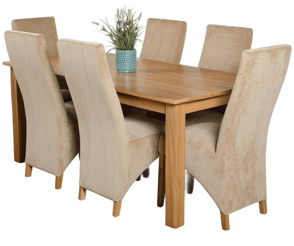 image 1 of Oslo 180 x 90 cm Large Oak Dining Table and 6 Lola Fabric Chairs | Brown | Beige