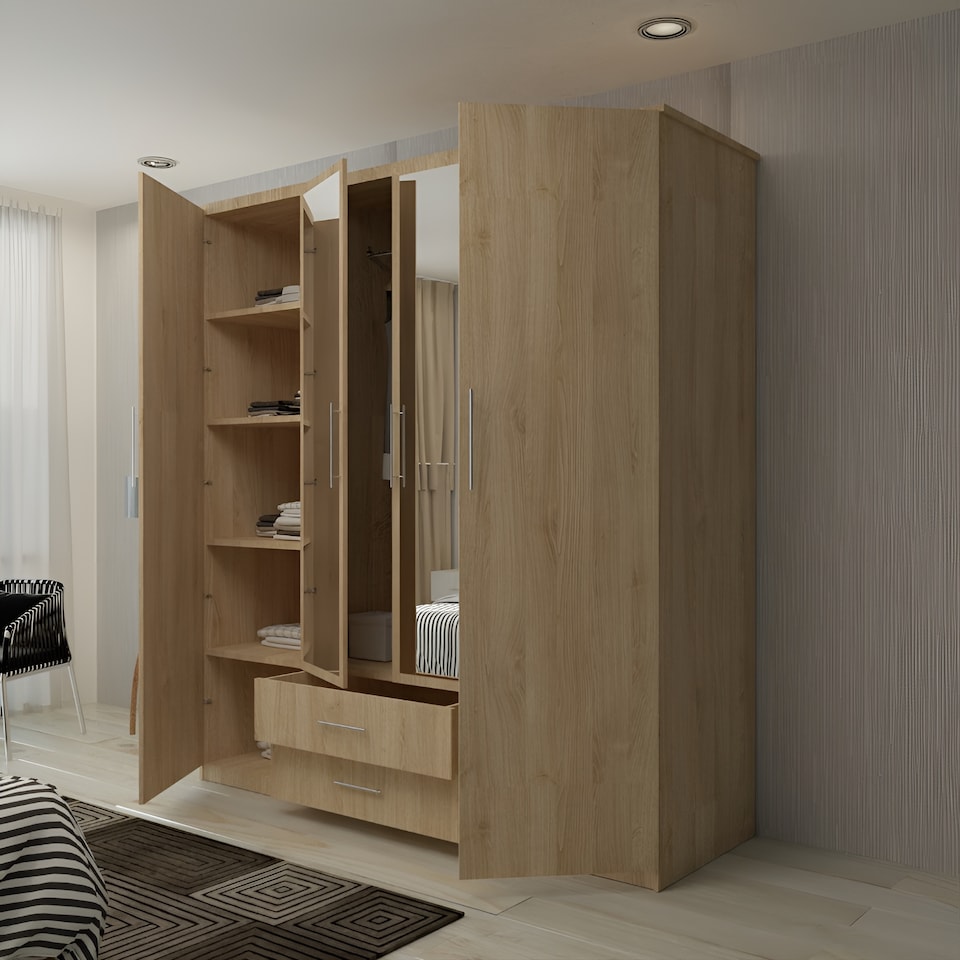 image 1 of Modern Space-Saving 4-Door Hinged Wardrobe with Central Mirrored Doors - 8 Shelves & 2 Drawers, 171cm Wide