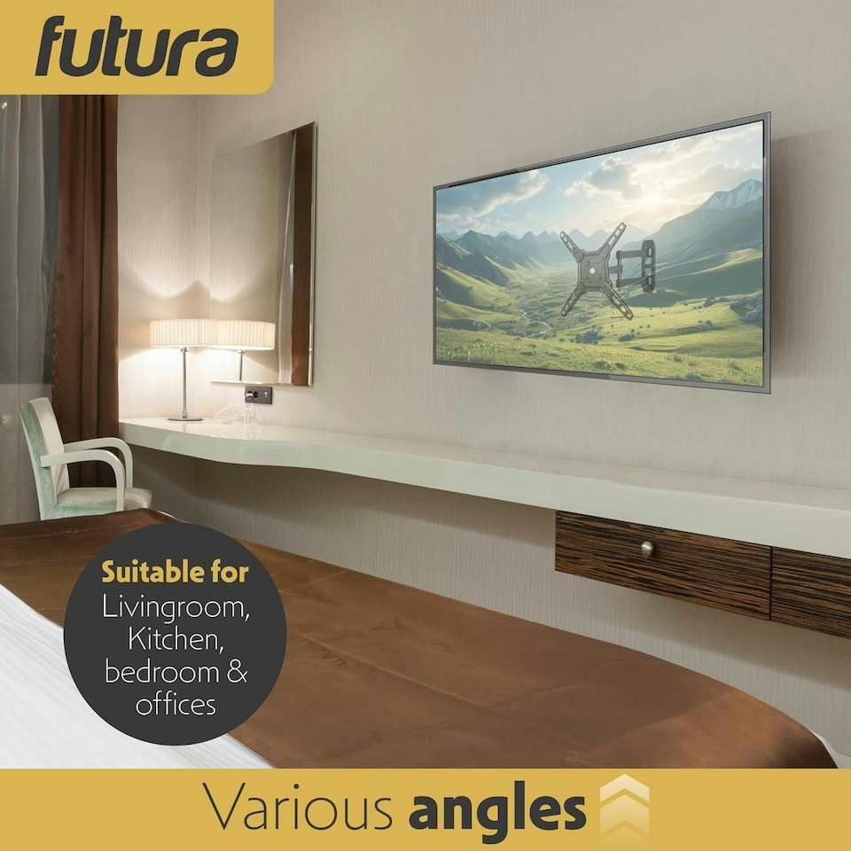 image 1 of Futura Universal TV Wall Mount Bracket for 13-43 Inch TVs, Tilt, Swivel & 90° Rotation