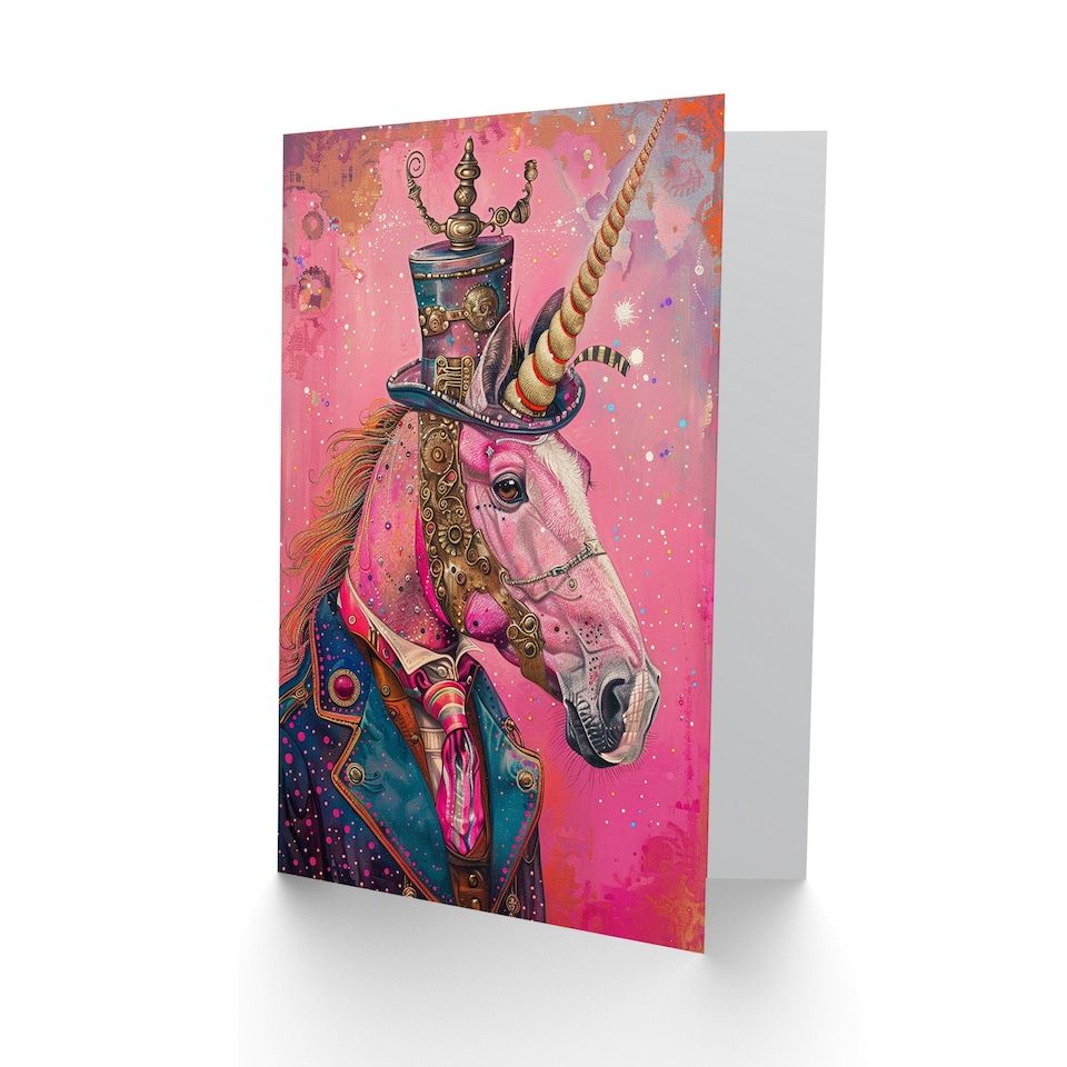 image 1 of Stylish Pink Steampunk Unicorn Top Hat Suit Daughter Son Birthday Card
