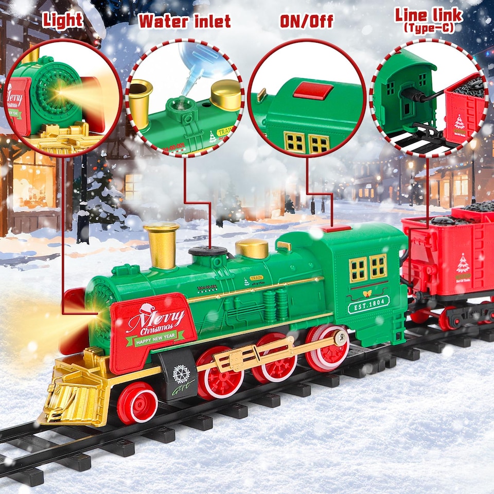image 1 of Christmas Train Set with Steam, Lights & Music – Electric Holiday Toy Train with Realistic Smoke, 1 Locomotive + 4 Carriages + 12 Tracks