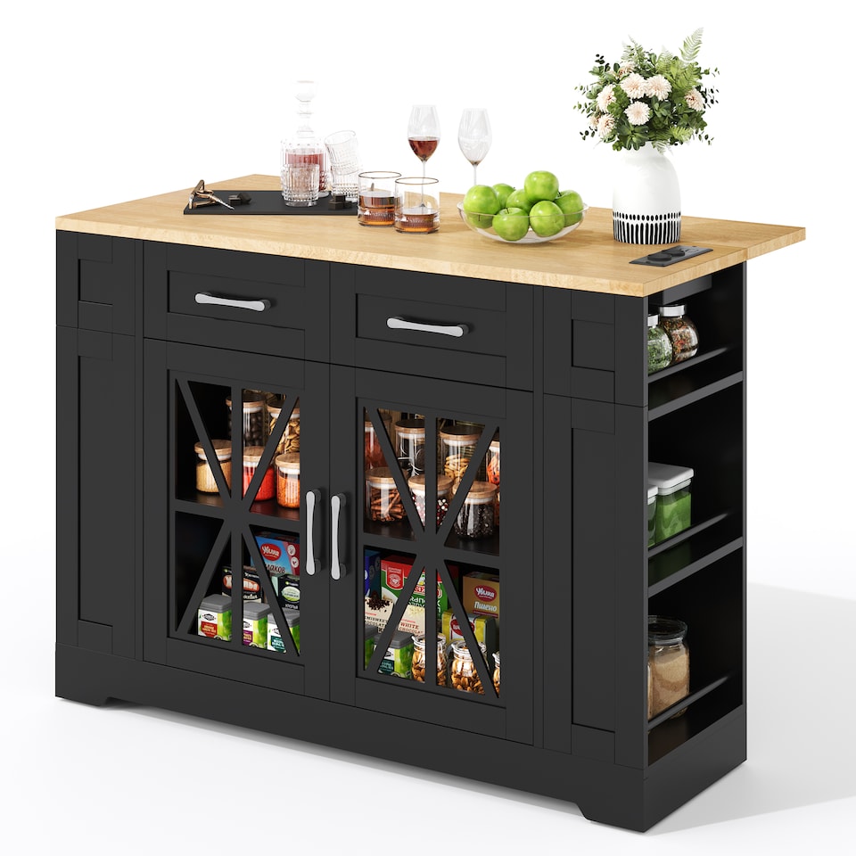 image 1 of VILUXE Mobile Kitchen Island with Foldable Worktop, 2 AC Sockets, 2 USB Ports, Glass Doors, Adjustable Shelves and Lockable Wheels, Black and Natural