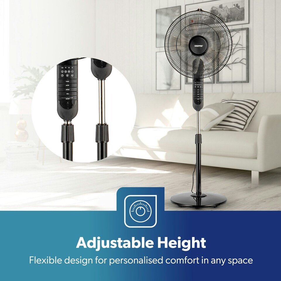 image 1 of GEEPAS 16’’ Pedestal Fan with Remote Control – 60W Free-Standing, Oscillating (Black)
