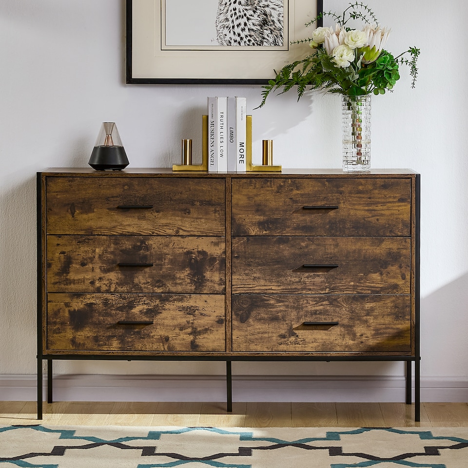 image 1 of Vida Designs Brooklyn 6 Drawer Chest of Drawers Industrial Bedroom Storage, Dark Wood