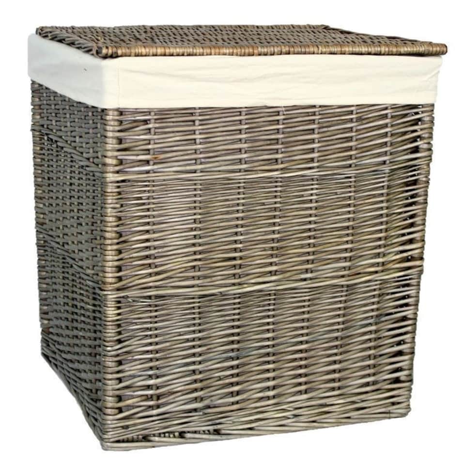 image 1 of Large Antique Wash Square Laundry Basket | White | White