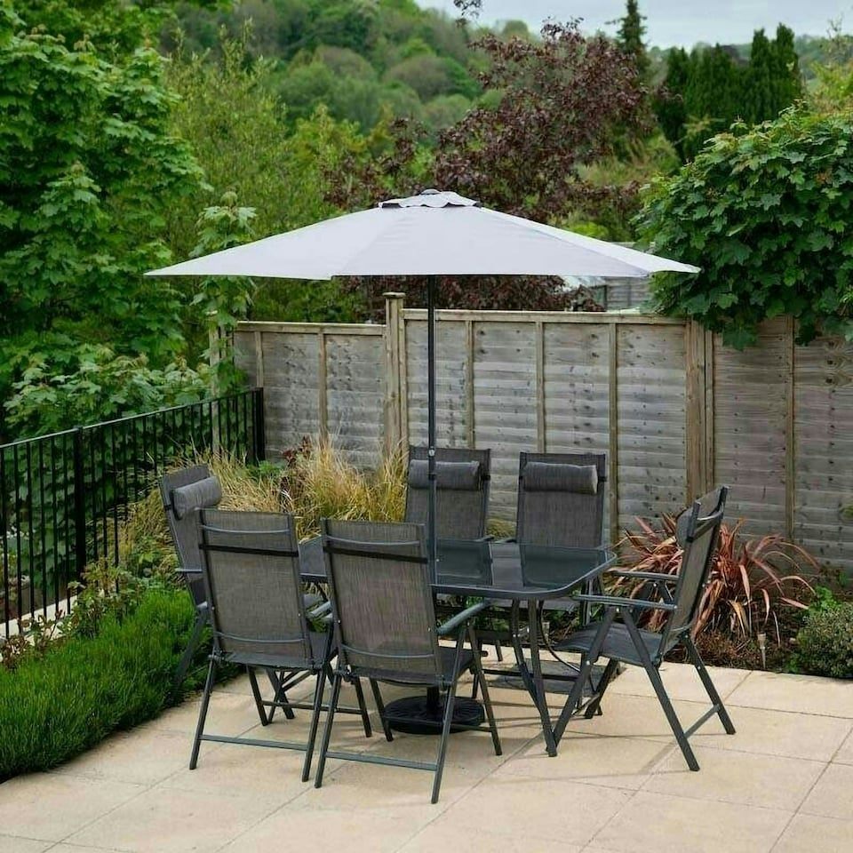 image 1 of Hectare 6 Seater Garden Furniture Reclining Glass Dining Set with Parasol Grey