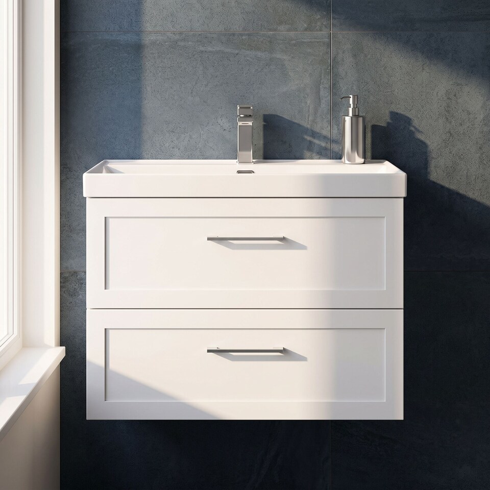 image 1 of Stonnall Traditional Wall Hung 2 Drawers Vanity Unit with Thin-Edge Ceramic Basin, 800mm, Matt White