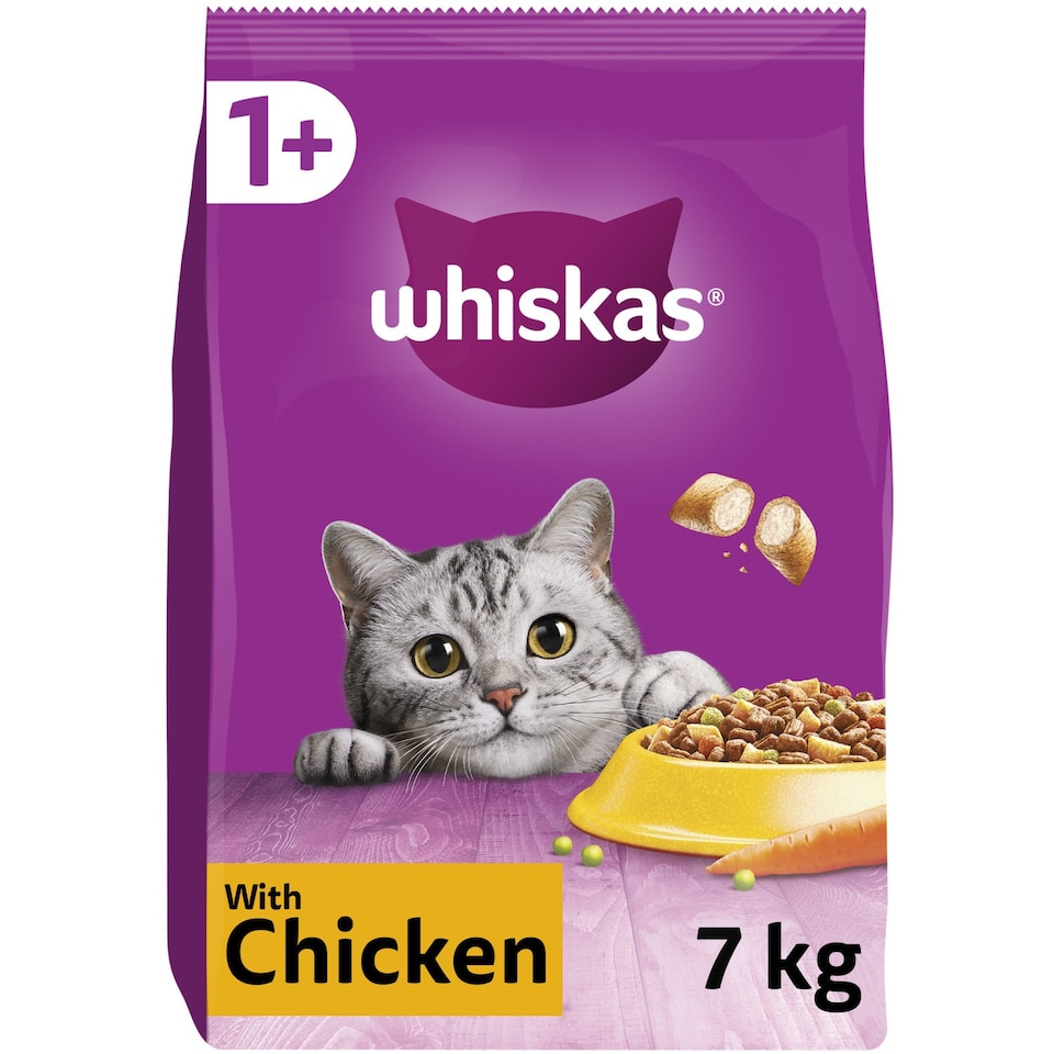 image 1 of 7kg Whiskas 1+ Adult Complete Dry Cat Food Chicken Bulk Pack Cat Biscuits
