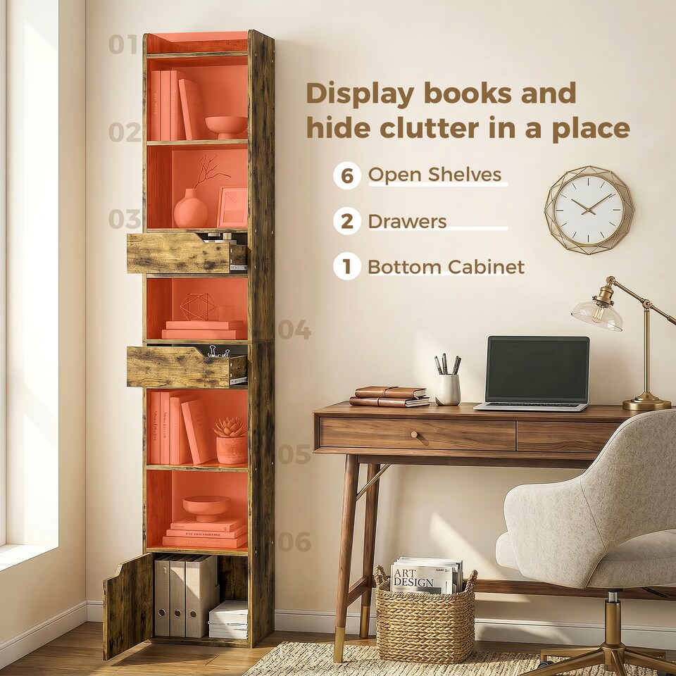 image 1 of HOMCOM Bookcase Tall Narrow with 5 Tiers Drawers