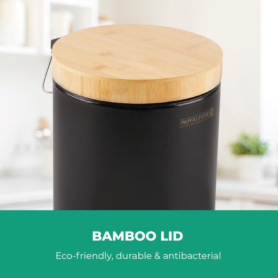 image 1 of Royalford 5L Pedal Bin with Bamboo Lid and Removable Basket