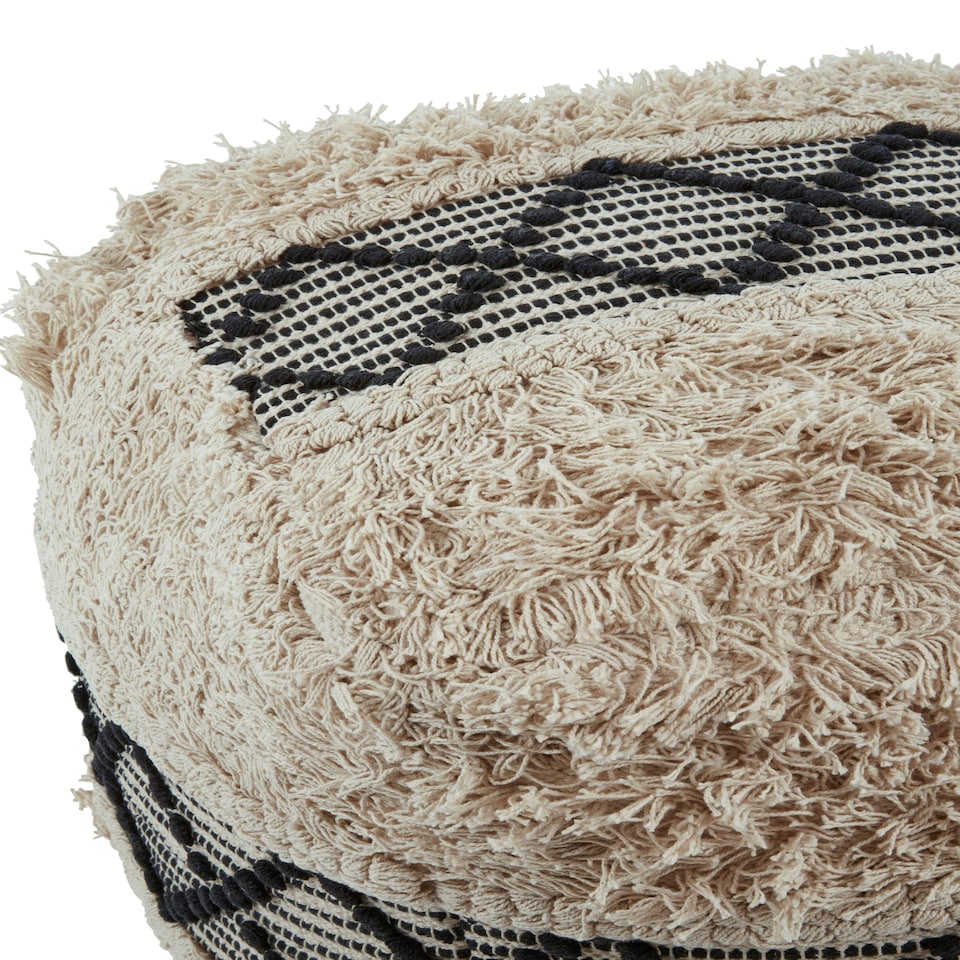 image 1 of Cefena Black and White Shaggy Pouffe Cream