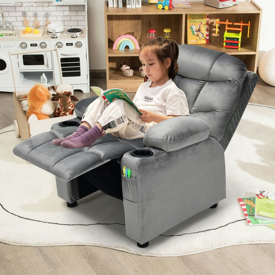 image 1 of COSTWAY Kids Recliner Chair Velvet Adjustable Sofa Chair Grey | Grey | Chair