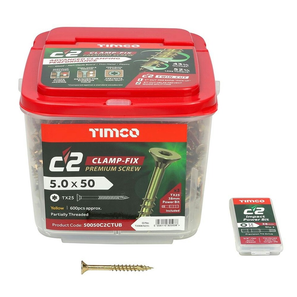 image 1 of Timco - C2 Clamp-Fix Premium Clamping Multi-Purpose Screws - TX - Double Countersunk - Yellow (Size 5.0 x 50 - 600 Pieces)