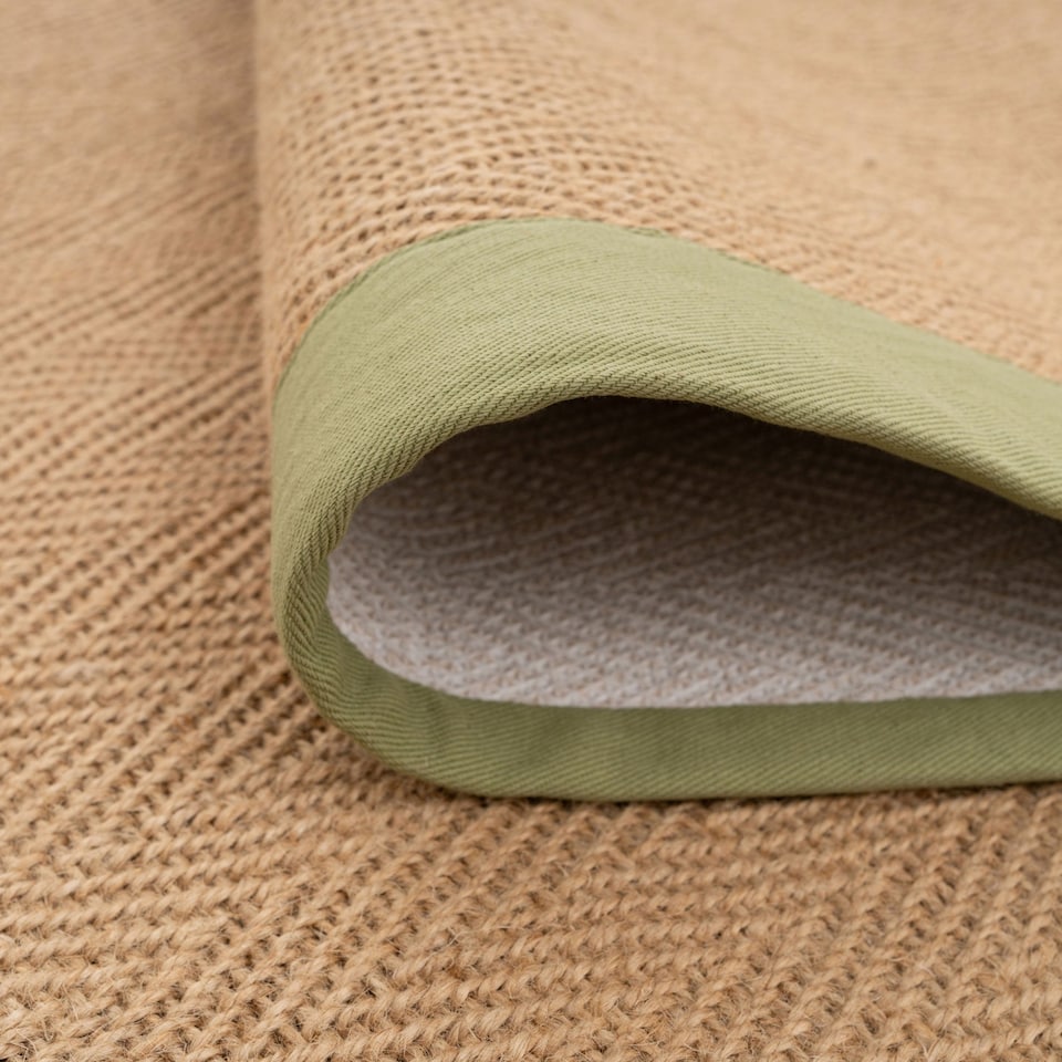 image 1 of KUKOON Beige Natural Jute Herringbone Pattern Non Slip Green Border Rug 80cm x 150cm
