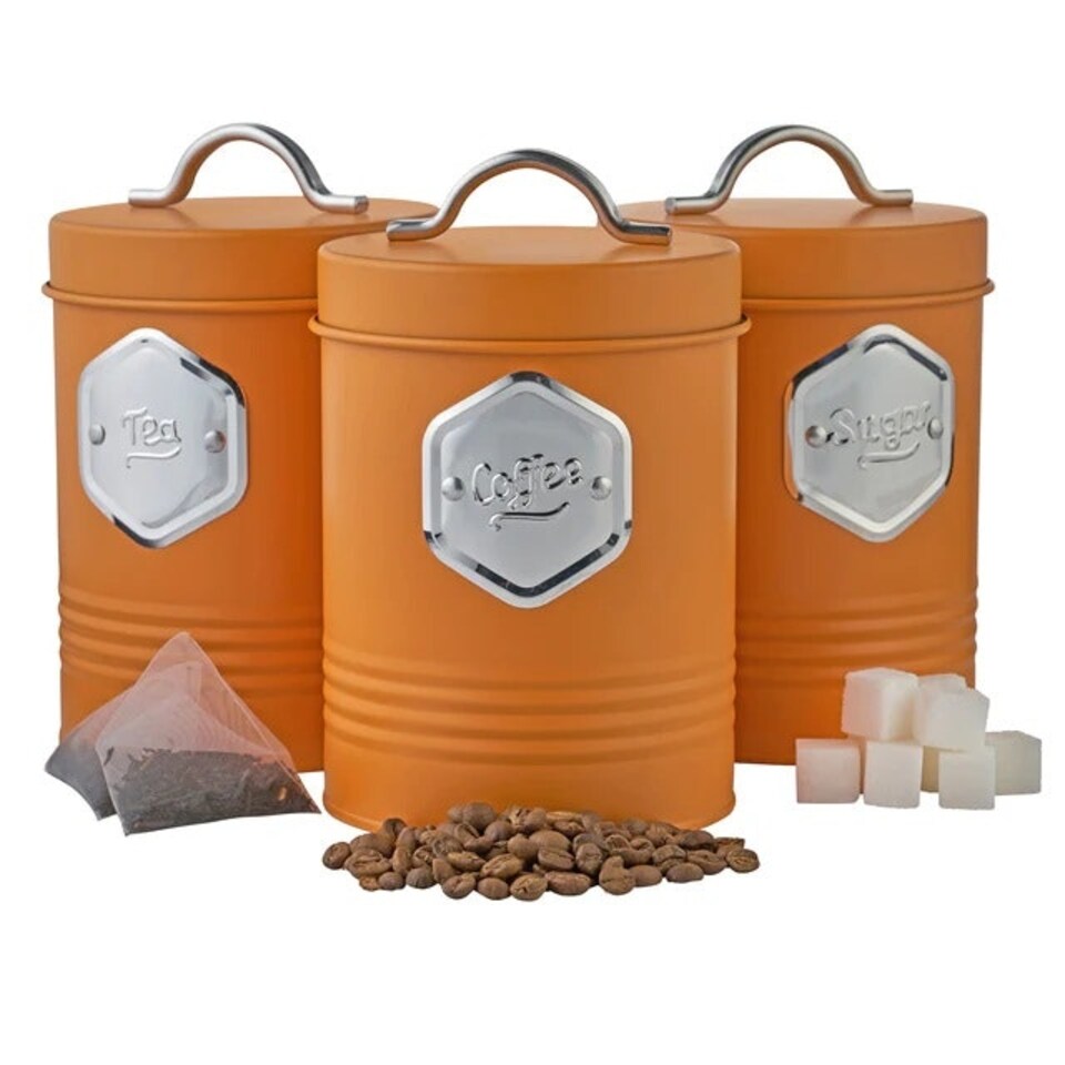 image 1 of Cooks Professional 3-Piece Kitchen Storage Set | Tea Coffee Sugar Cannisters | Orange & Silver