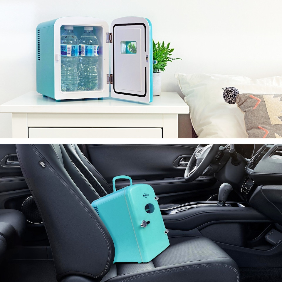 image 1 of Koolatron 4L Retro Portable Mini Fridge 12V DC 230V 6 Can Cooler Aqua