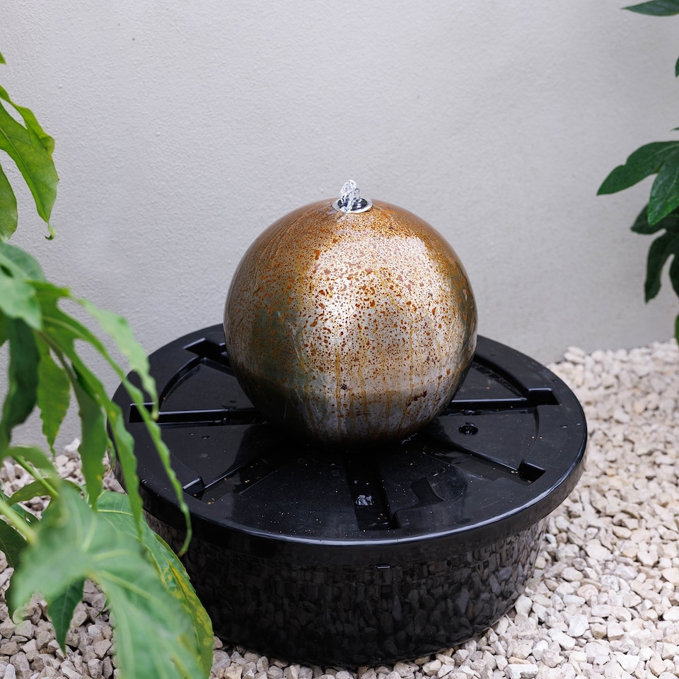 image 1 of Primrose Corten Steel Sphere Water Feature with Lights and Reservoir 30cm
