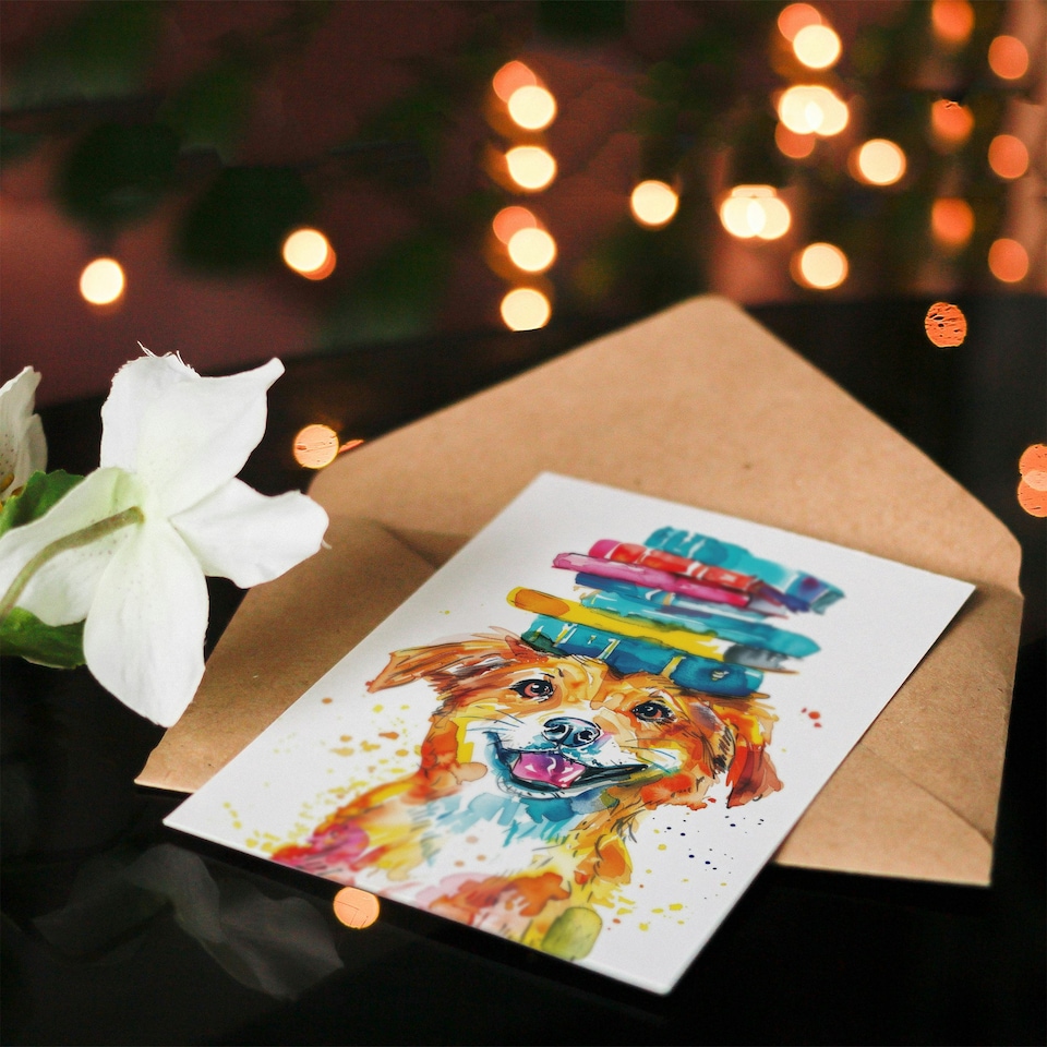 image 1 of Book Stack On Head Girl Boy Kids Dog Daughter Son Birthday Card