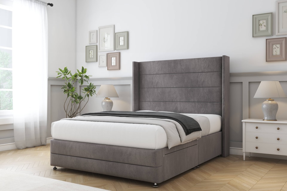 image 1 of Sloomy Sterling Slate Naples Divan Bed Base No Drawers With 54 Inch Wingback Headboard & 12 Inch Matching Footboard | Grey | Slate | Small Single | 1