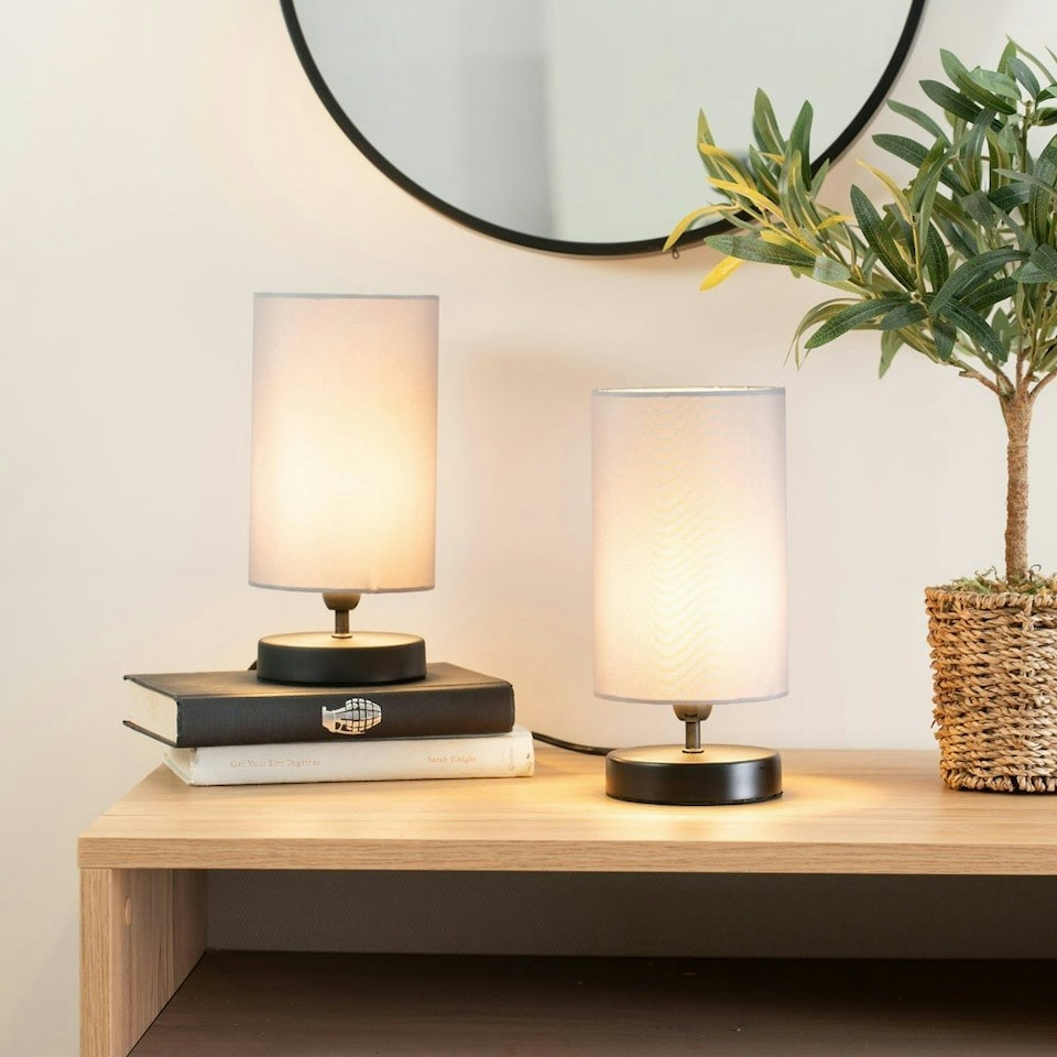 image 1 of ValueLights Pair Francis Black Touch Table Lamps Grey Shades & Bulbs | Grey