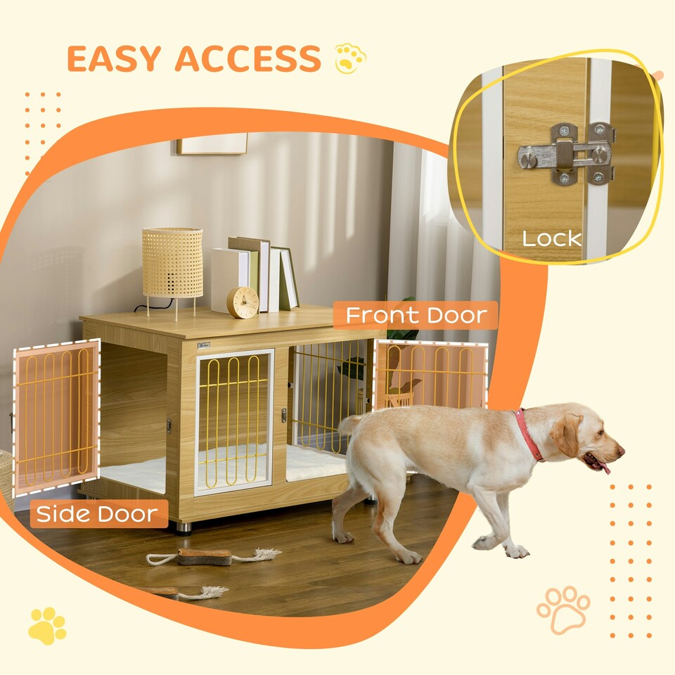 image 1 of PawHut Dog Crate Furniture End Table w/ Soft Cushion, Double Door - Oak Tone