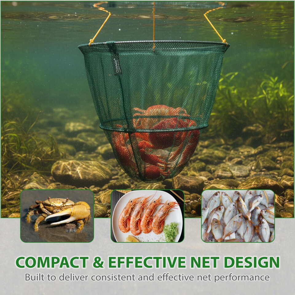 image 1 of 2 x CRAB FISH CRAYFISH LOBSTER DROP NET BAIT CLIP & ROPE SAFE CRABBING BASKET