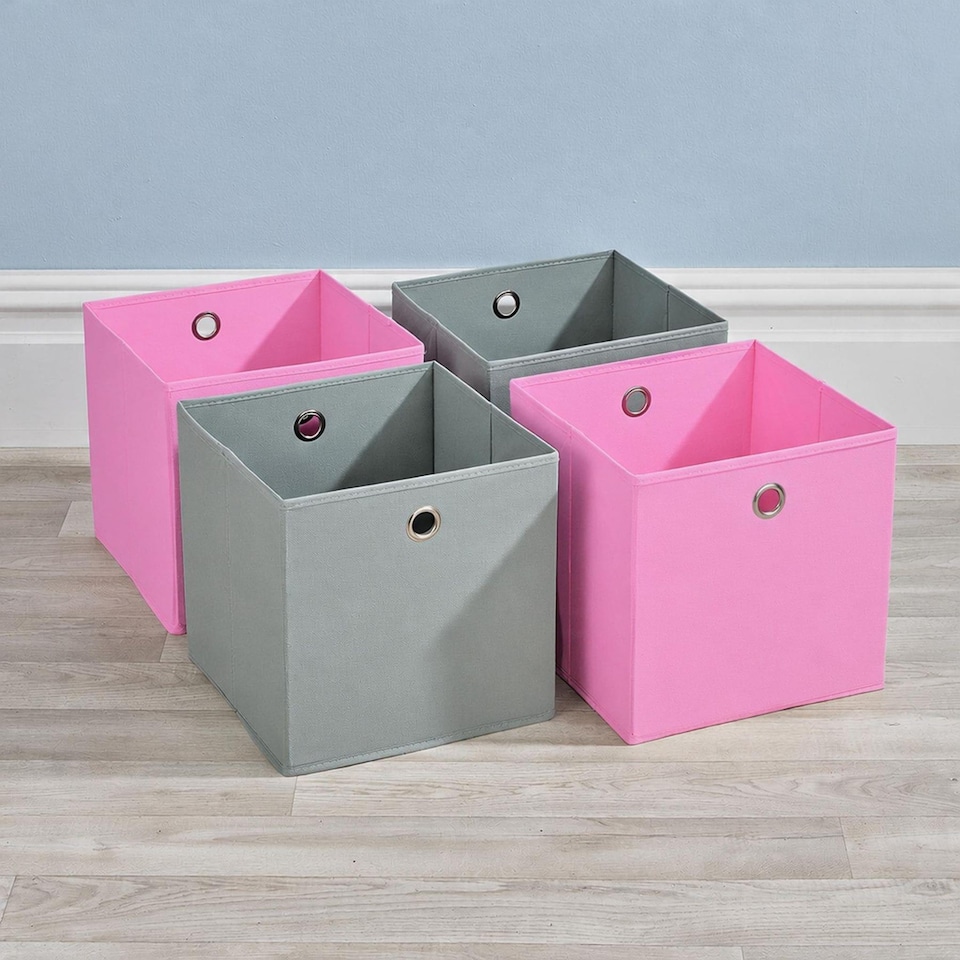 image 1 of Folding Square Storage Utility Box Drawer 4 Piece Fabric Cube Set | Multi | Pink and Grey