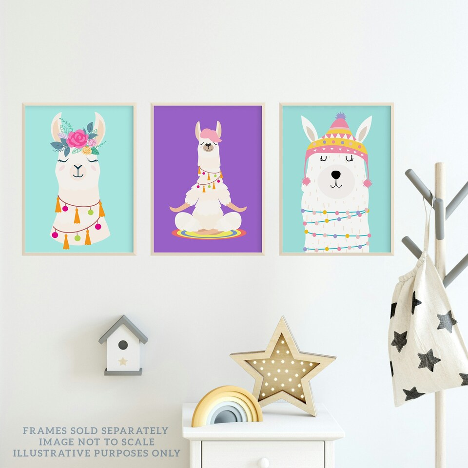image 1 of Set of 3 Kids Bedroom Happy Llama Yoga Meditation Bright Purple Pastel Blue Wall Art Prints 12x16 Inch