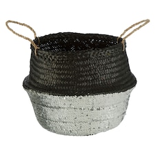 Interiors By Premier Black & Silver Seagrass Storage Basket, Decorative Organizer With Handles, Small Seagrass Storage Basket Silver