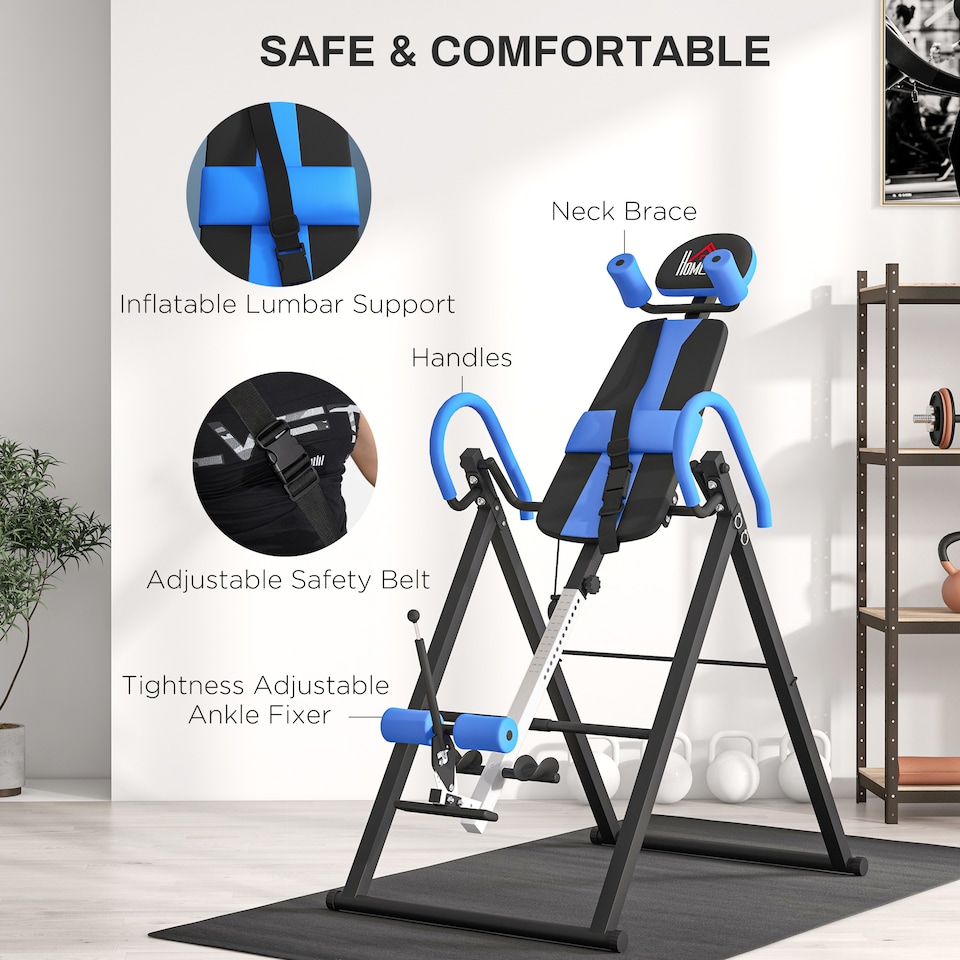 image 1 of HOMCOM Adjustable Gravity Inversion Table with Safety Belt, Blue