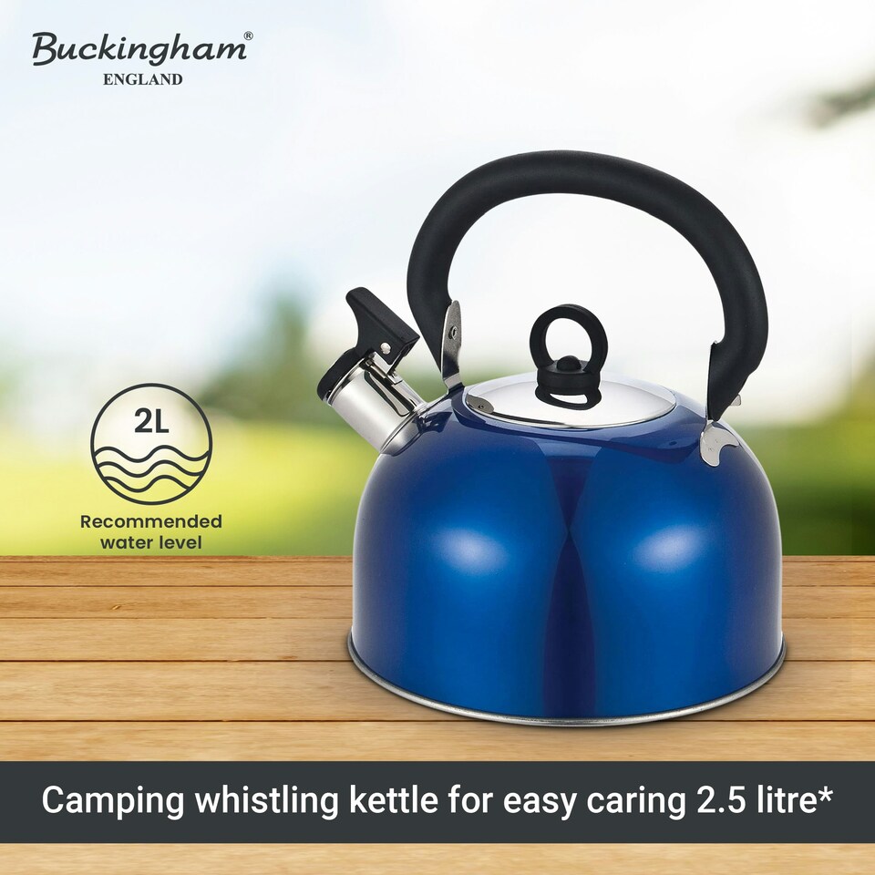 image 1 of Buckingham Stainless Steel Camping Whistling Kettle 2.5 Litre , Metallic Blue