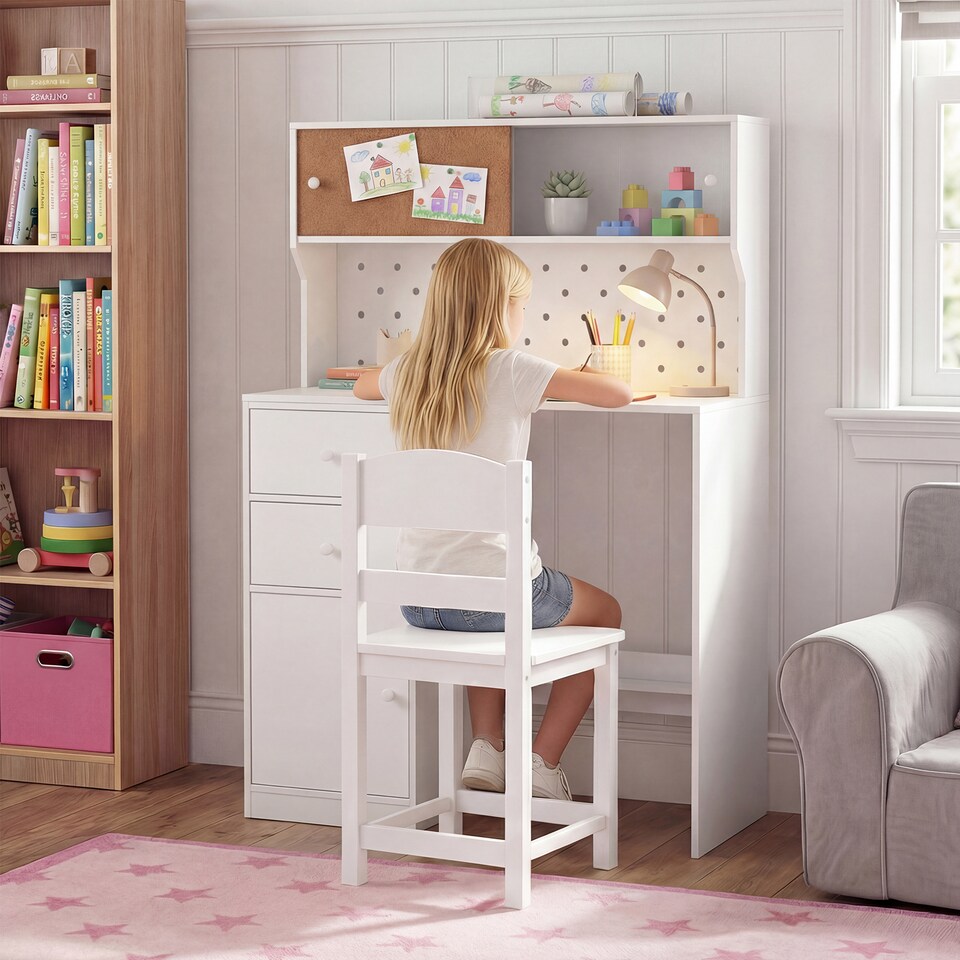 image 1 of COSTWAY Kids Desk and Chair Set Wooden Study Desk with 2 Cabinets