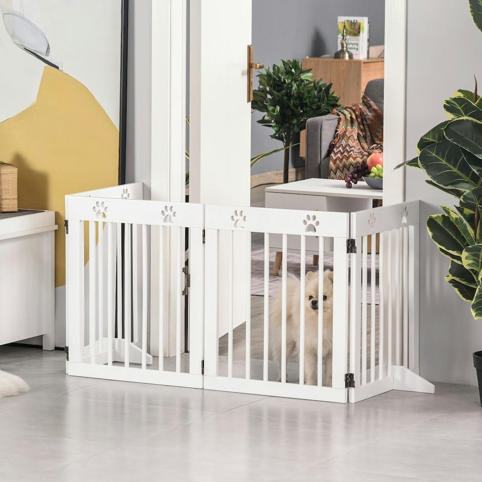 image 1 of PawHut Pet Gate 4 Panel Wooden Dog Barrier Folding Fence w/ Support Feet