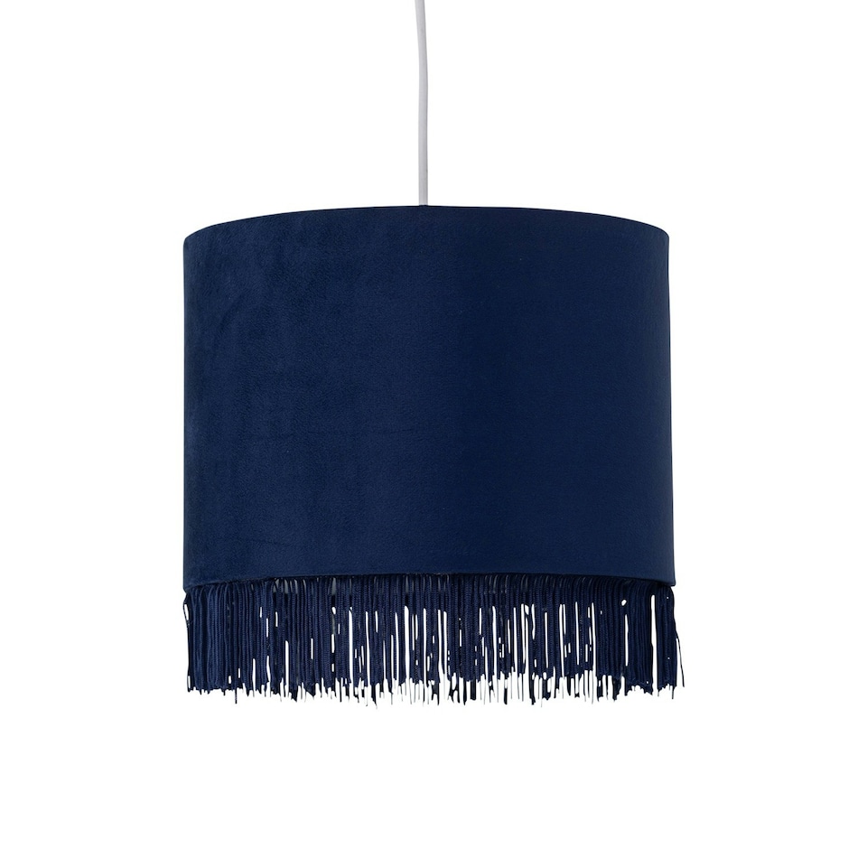image 1 of First Choice Lighting Set of 2 Tassel Navy Blue Velvet with Chrome Inner Easy Fit 25cm Pendant Shades Blue | Chrome
