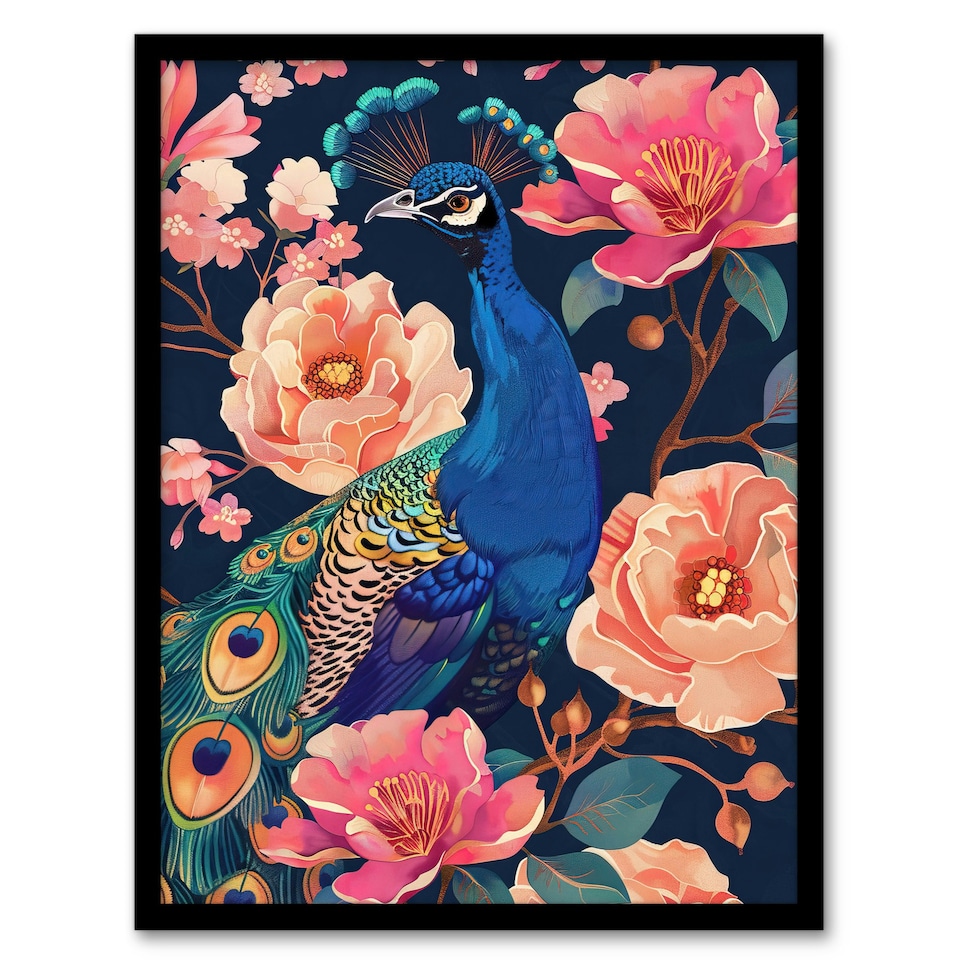 image 1 of Peacock Bird Pink Flower Pattern Living Room Black Framed Wall Art Print A4