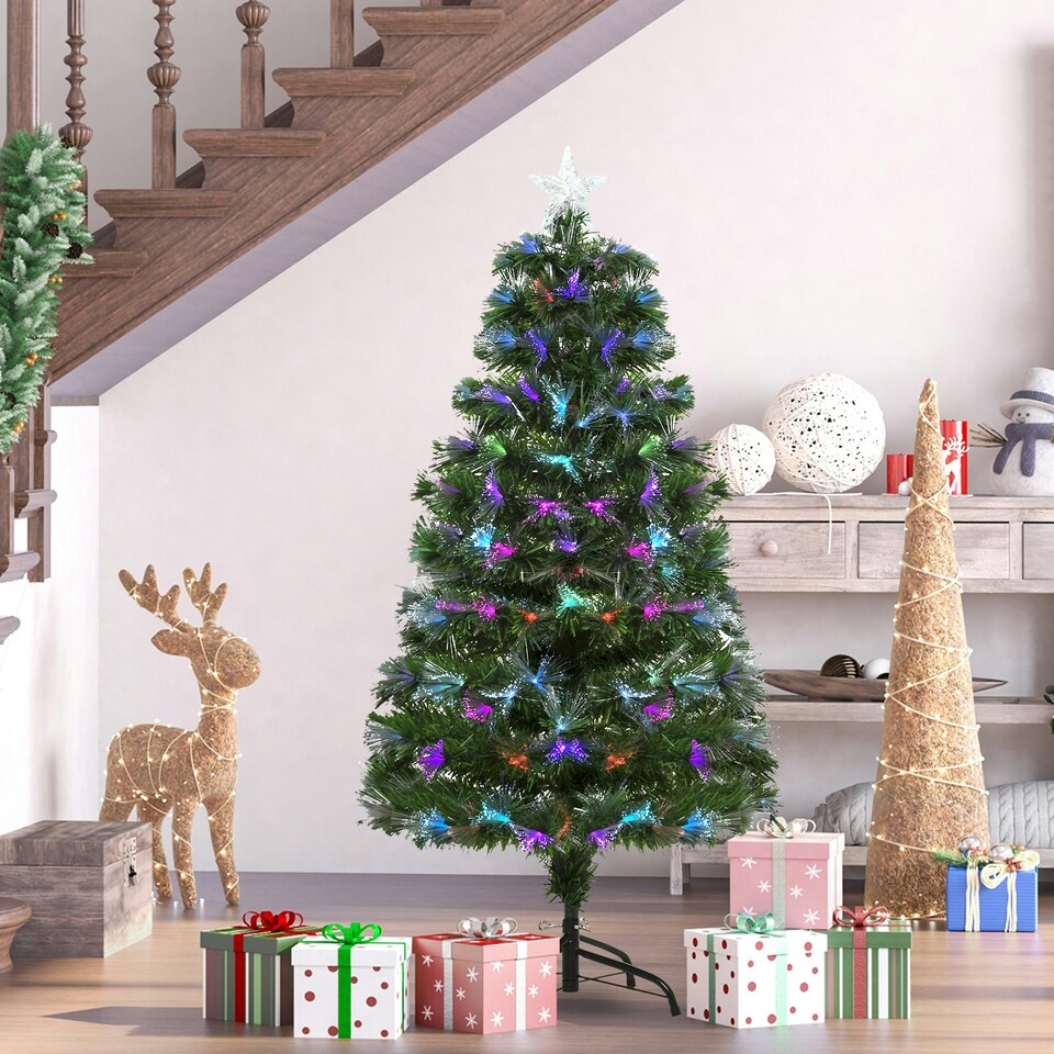 image 1 of HOMCOM 4FT Multicoloured Artificial Christmas Tree w/ Pre-Lit Modes Metal Stand
