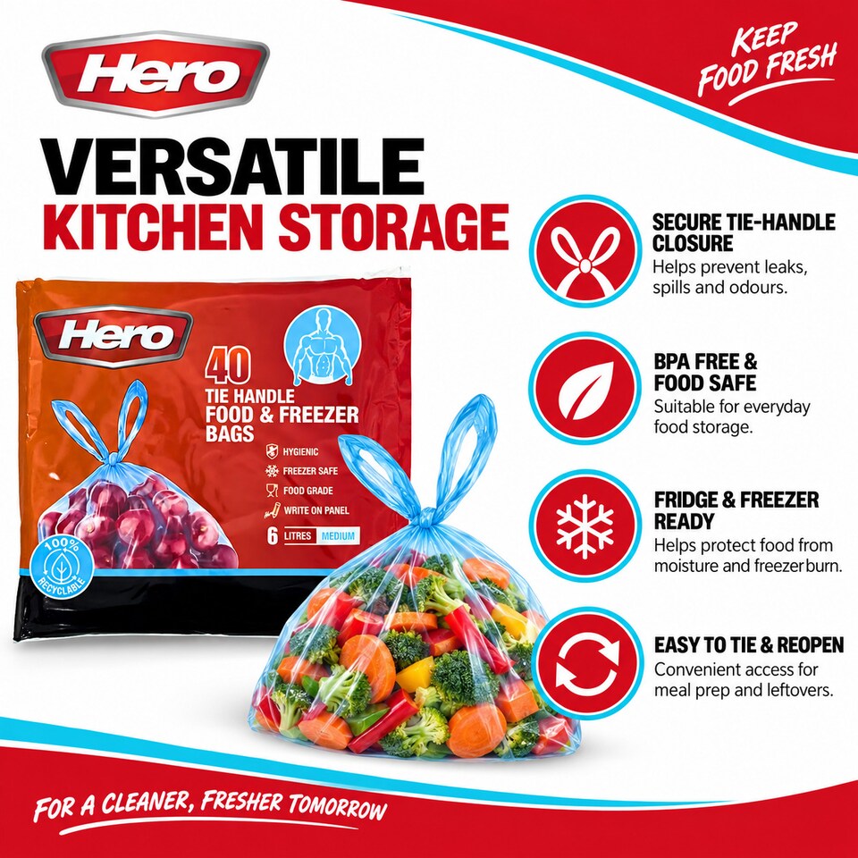 image 1 of Hero Tie Handle Food Storage Bags 6L Pack of 40 Reusable BPA Free Freezer & Sandwich Bags with Airtight Seal for Fruits, Vegetables, Meat and Grains