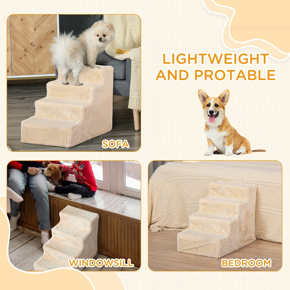 image 1 of PawHut Four-Step Portable Dog Stairs with Washable Plush Cover, Beige