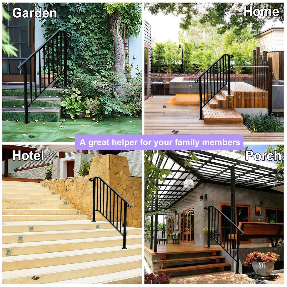 image 1 of Gr8 Garden Outdoor Black Steel Handrail 3 Steps Garden Stairs Safety Grab Bannister Rail
