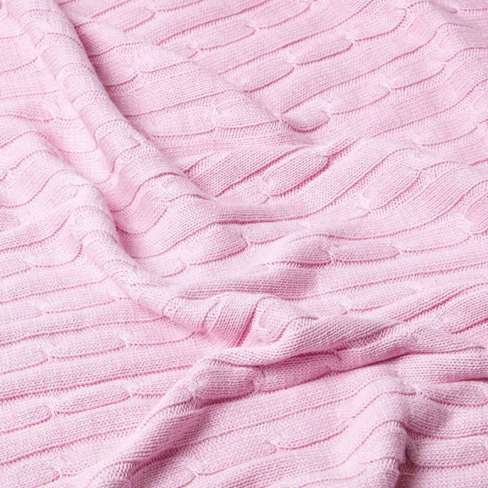 image 1 of Homescapes Cotton Cable Knit Throw - Pastel Pink - 150 x 200 cm | Pink | 1