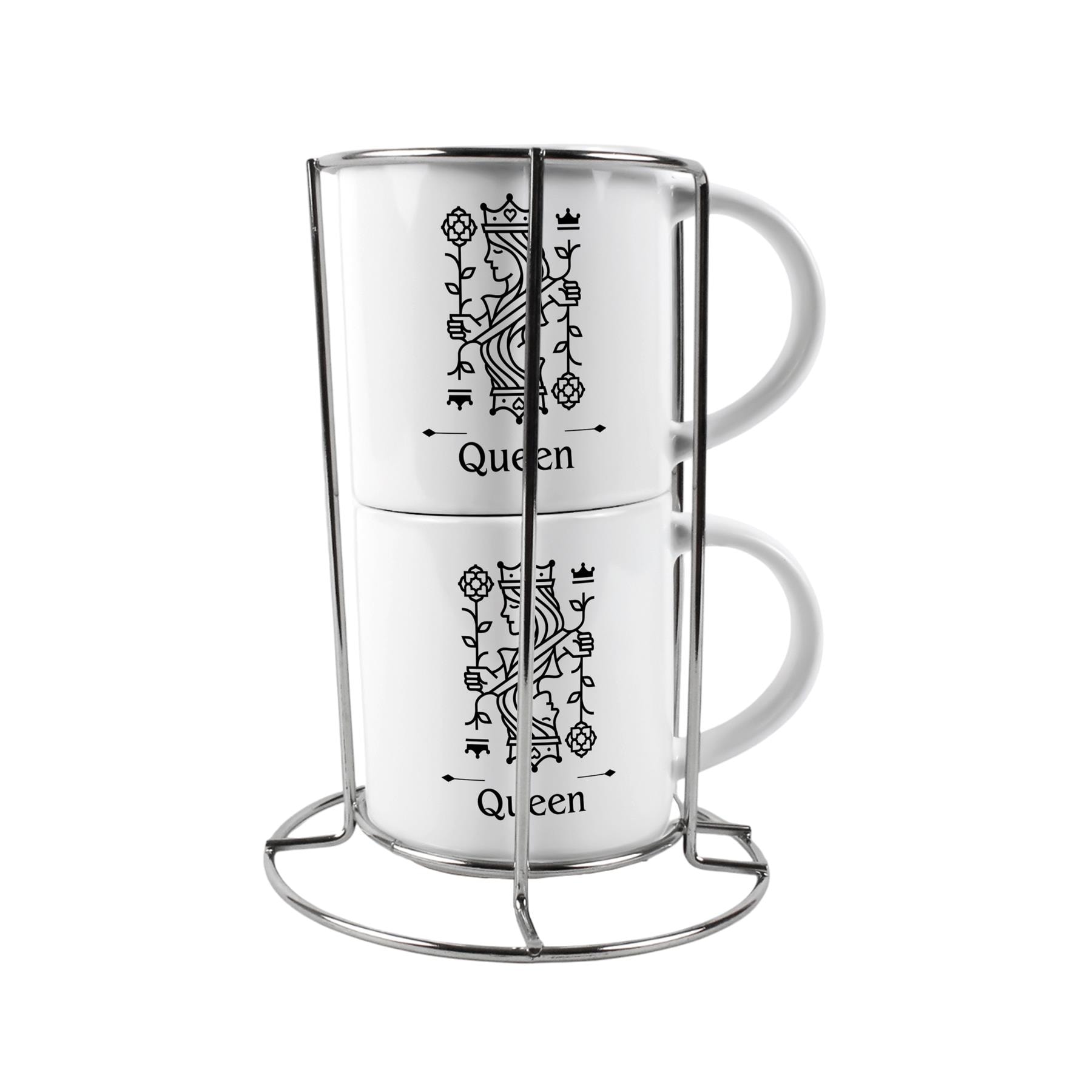 Queen Stacking Mugs Set Gift - Black Playing Cards Ceramic Cups Set of 2 with Metal Stand, Classic Game Gifts for Couples White