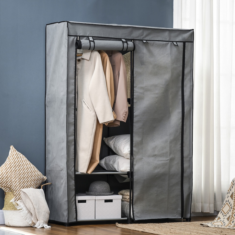 image 1 of HOMCOM Fabric Wardrobe, Portable Fabric Cabinet, Foldable Coat Rack with 4 Shelves, 2 Hanging Rails, 118 x 49 x 170 cm, Light Grey