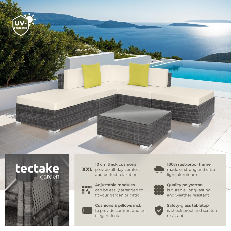 image 1 of Garden Furniture Set Paris - modular corner sofa set with coffee table, thick cushions | Grey | grey | 75 x 75 x 60 cm | 1