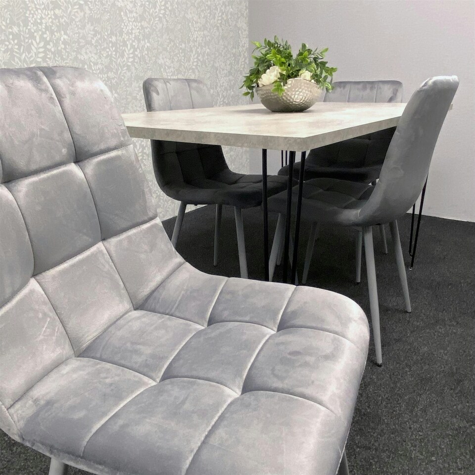 image 1 of Grey Dining Table with Hairpin Legs & 4 Grey Velvet Chairs Set for Kitchen & Dining Room Grey