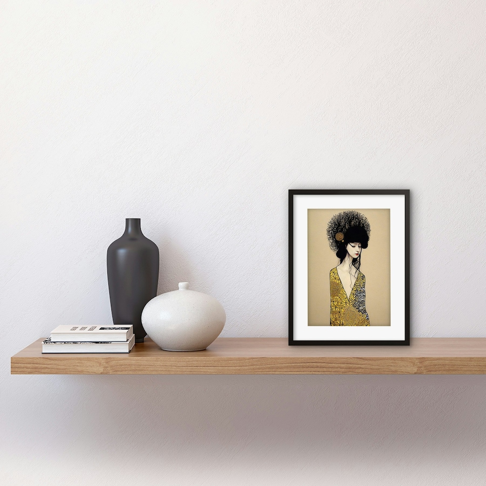 image 1 of Goddess Woman In Gold Black Klimt Style Robe 9x7" Black Framed Wall Art Print