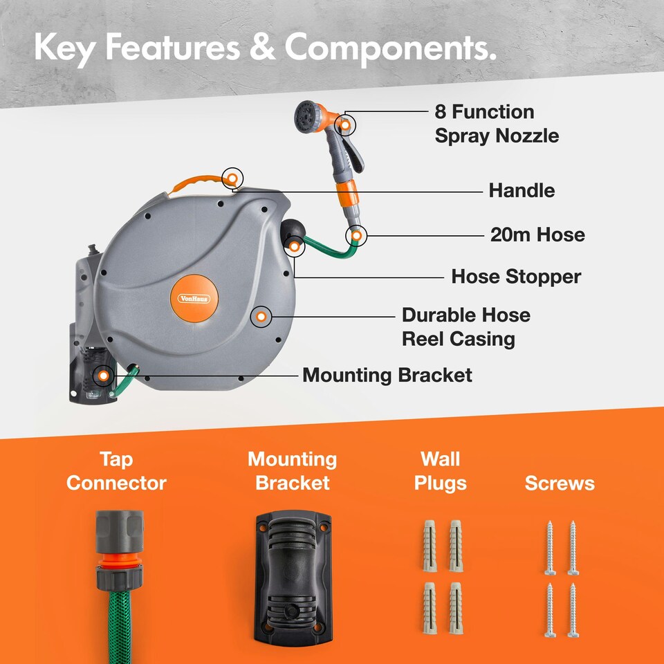 image 1 of VonHaus Garden Hose Reel 20m Wall Mounted & Retractable