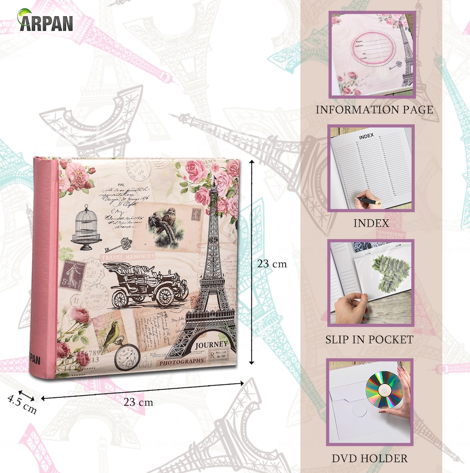 image 1 of ARPAN Large Slip In Memo Photo Album for 200 Photos 6x4" (10x15cm) – Picture Album with Memo Writing Space, Index Pages & CD/DVD Pocket – Memory Book for Family, Wedding & Travel Photos